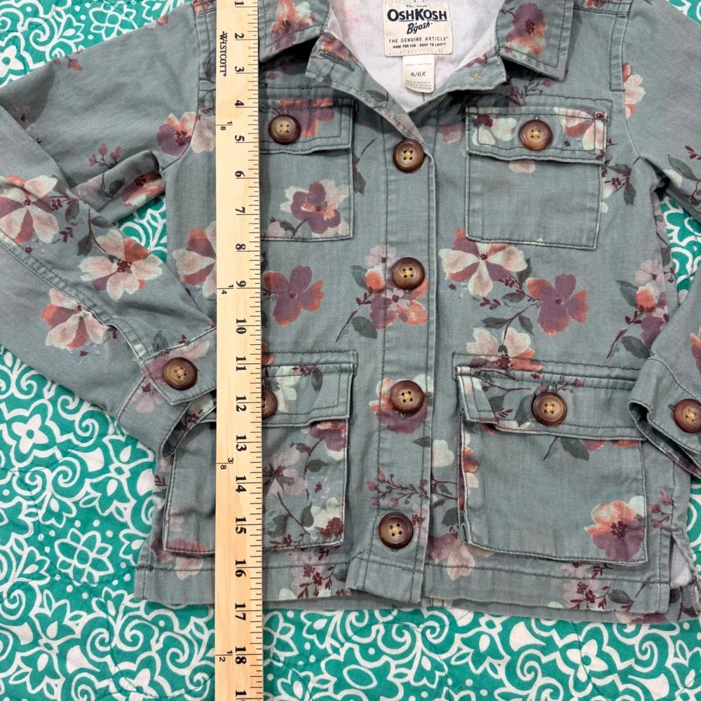 OshKosh Bgosh Girls Floral Utility Jacket Sage Green Cotton Size 6/6X